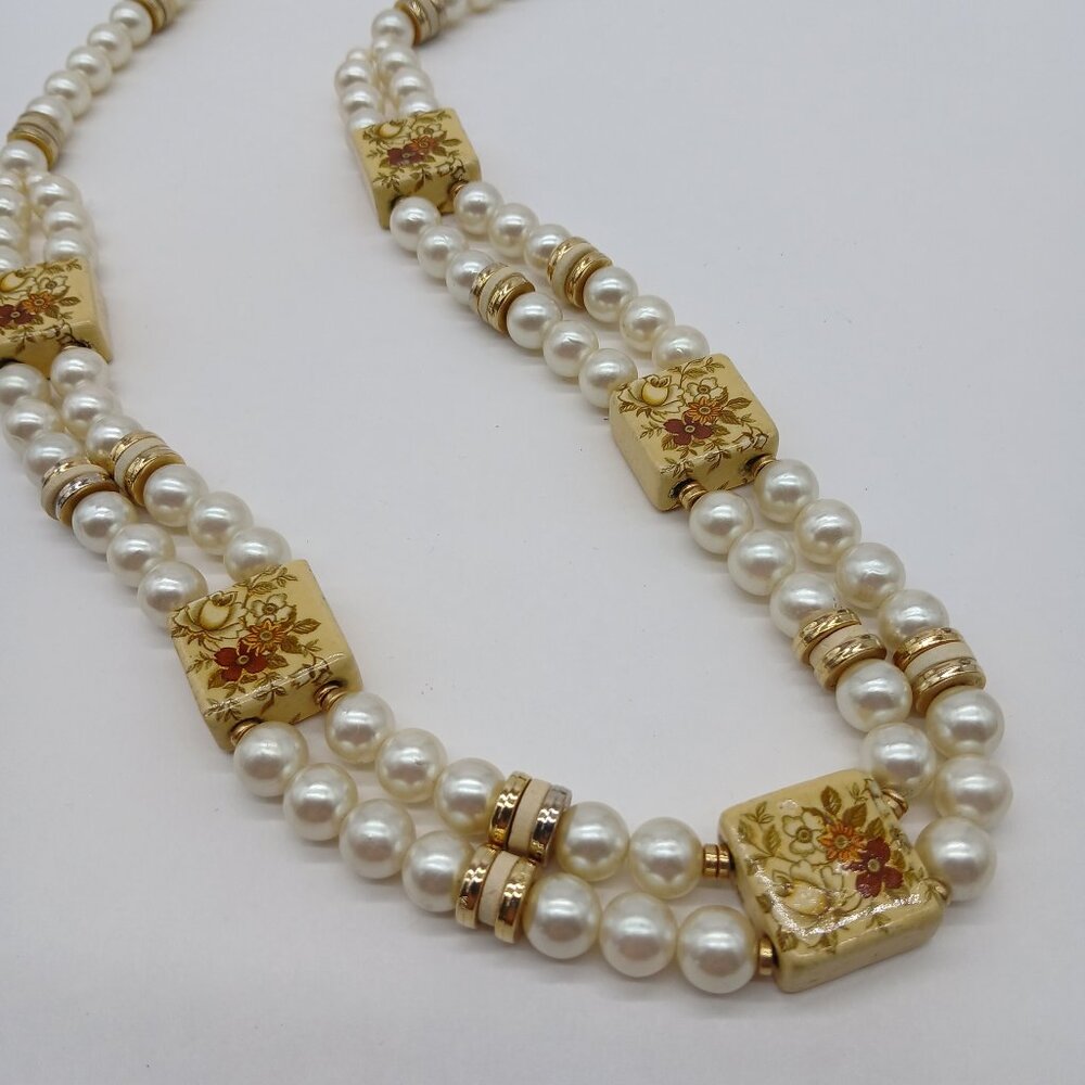 Vintage Faux Pearl Double Strand Necklace w/ Floral Ceramic Squares Japan